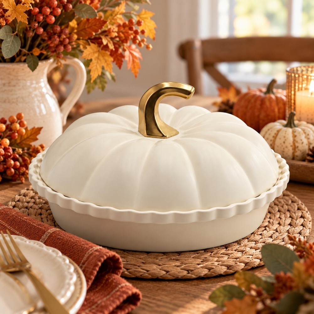 World Market White Pumpkin Pie Dish w Lid Gold Stem Stoneware Fall Thanksgiving